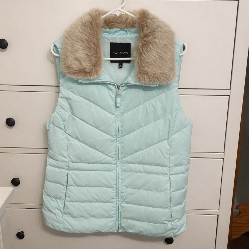 Talbots Aqua Down Puffer Vest with Removable Faux Fur Collar